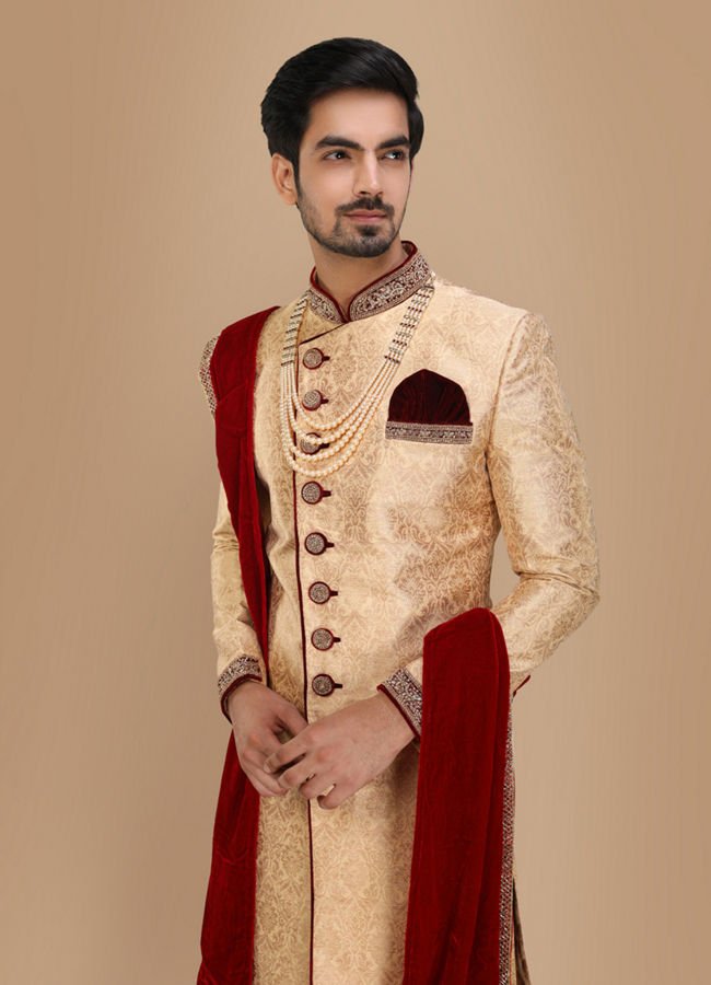 alt message - Manyavar Men Fawn Embellished Designer Wedding Sherwani image number 0